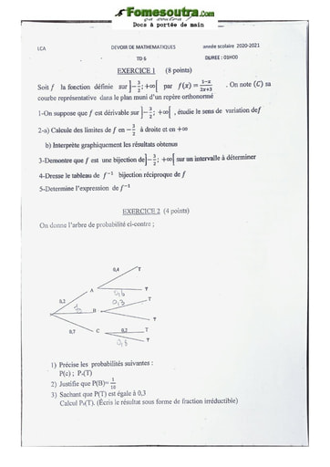 Devoir de Mathématiques Terminale D Lycée Classique 2020-2021