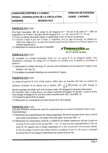 Sujet de Physique Concours EAMAC cycle Contrôleur de la circulation session 2012