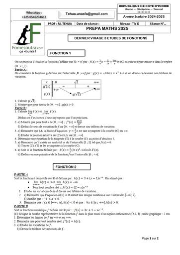 PREPA BAC 2025 MATHS SERIE C&D DERNIER VIRAGE 3 ETUDES DE FONCTIONS JUIN 2025 BY TEHUA