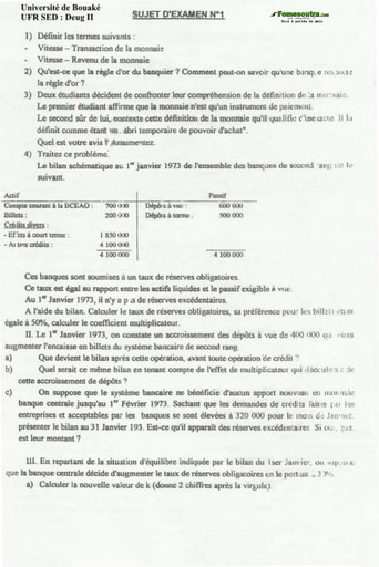 Sujet corrigé (1) Monnaie et Politique Microéconomique - DEUG II - UFR SED - Université de Bouaké
