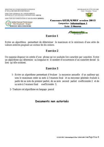 Sujet de Informatique 1 concours GE2I/GMEC 2013