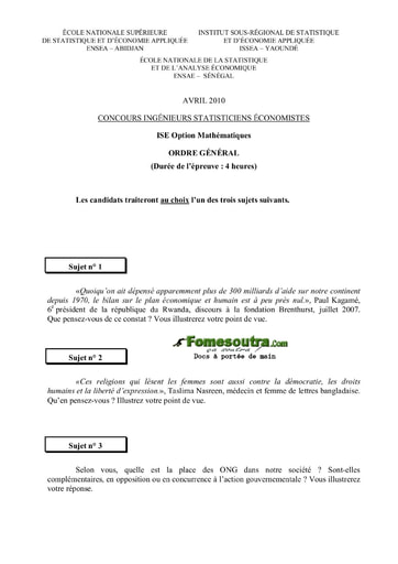 Sujet d'ordre générale ISE option maths 2010 (ENSEA - ISSEA - ENSAE)