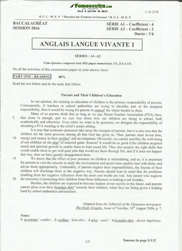 Sujet corrigé et barème d'Anglais LV1 BAC A1 et A2 2016