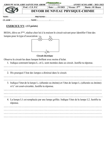 Devoir de Physique-Chimie Niveau 5 ième