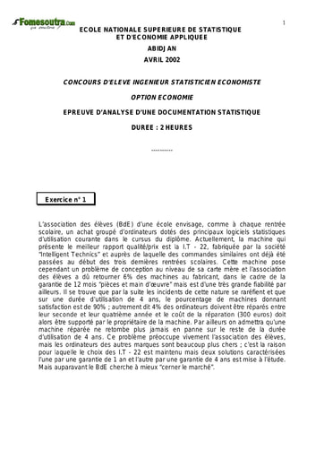 Sujet Analyse d'une documentation statistique ISE option économie 2002 (ENSEA)