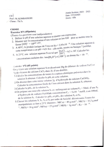 Devoir de physique chimie Terminal F4 Collège d'enseignement technique 2021 2022