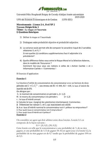 UFHb de Cocody Ufr Seg microecono Risques et l'incertain fiche 3 by TEHUA