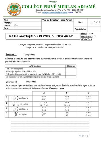 DEVOIR DE MATHS NIVEAU 5ième FEVRIER 2026 MERLAN