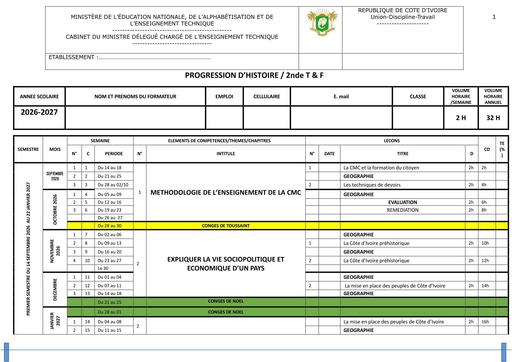 PROGRESSION HISTOIRE 2026 27 SECONDE T et F B Y TEHUA