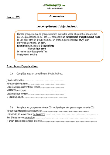 Le complément d’objet indirect - Cours CM1