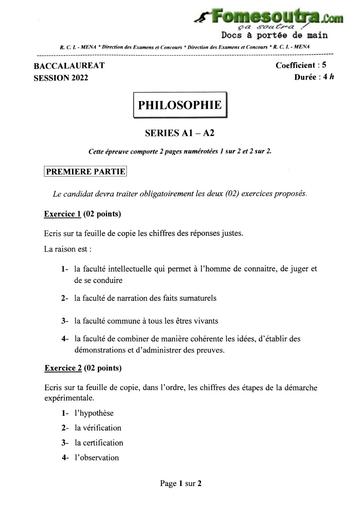 Sujet de Philosophie BAC A1 et A2 2022
