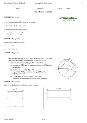 Interrogation (4) Racine carrée -  maths 3eme