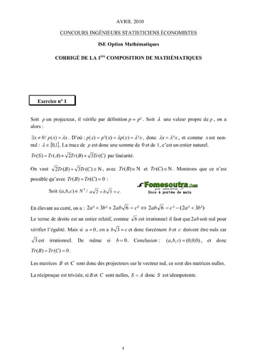 Corrigé Sujet 1ère épreuve de maths ISE option maths 2010 (ENSEA - ISSEA - ENSAE)