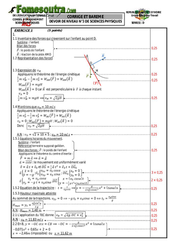 Corrigé Devoir 4 Physique-Chimie niveau Terminale D lycée moderne Dimbokro