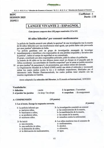 BEPC 2025 ESPAGNOL ZONE 1 SUJET+CORRIGE Côte d'Ivoire BY TEHUA