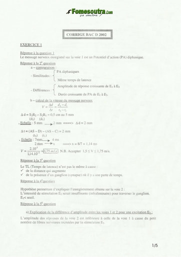 Corrigé de SVT BAC D 2002