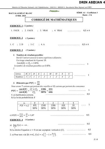 BAC blanc régional 2025 dren Abidjan 4 MATHS CORRIGE ET BAREME SERIE A1 BY TEHUA