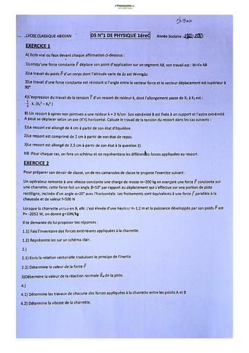 Sujet de Physique-Chimie Première C Lycée Classique Abidjan 22-23