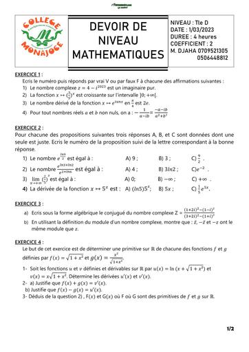 DEVOIR DE MATHS NIVEAU Tle D COLLEGE MONAJOCE 2023 BY TEHUA