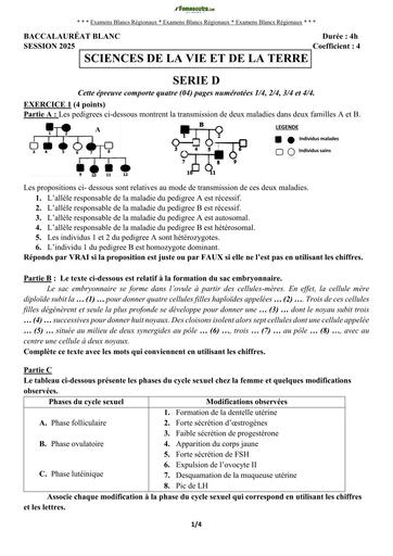 BAC BLANC REGIONAL Avril 2025 DREN 1 SVT Tle D SUJET by TEHUA