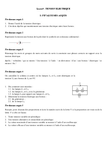 Corrigé Leçon 9   Tension électrique envoyé