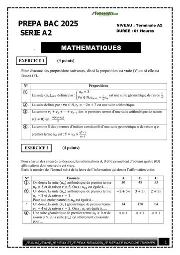 PREPA BAC 2025 MATHS SERIE A1 SUJET 26 SUITE NUMERIQUE BY TEHUA