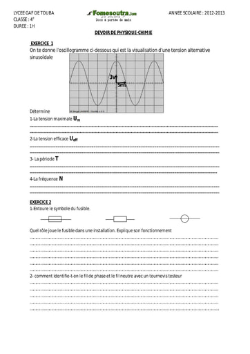 Devoir (1) de Physique-Chimie - 4ème