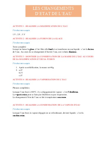 Leçon 7   Les changements d'états de l'eau 6e corrigé