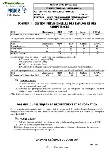 Sujet Gestion des Ressources Humaines - 2eme année Licence professionnelle Communication et Développement - PIGIER (2013)