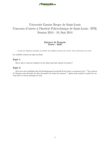 Epreuve de Francais concours IPSL session 2014 by THUA