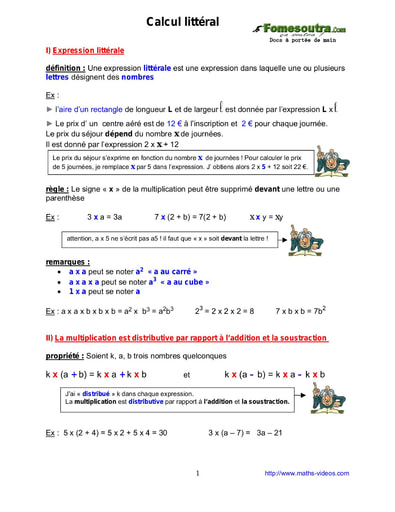 Calcul littéral - Cours de maths niveau 5eme