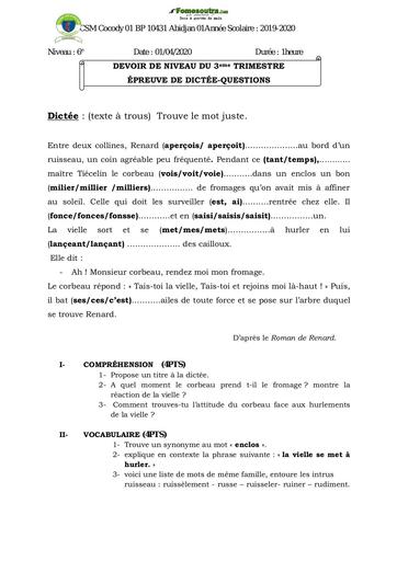 Devoir Dictée Question Niveau 6ème