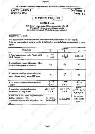 BAC 2026 Maths série F sujet RCI By TEHUA