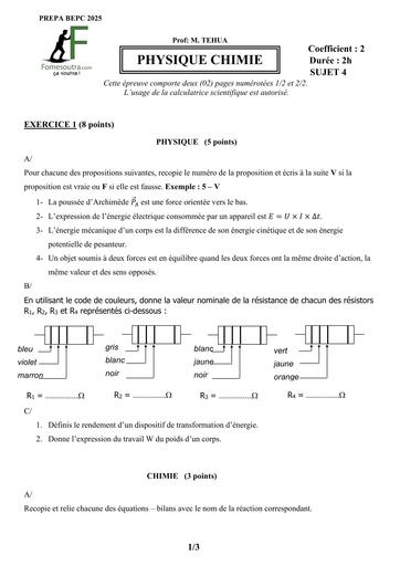 PREPA BEPC 2025 PC FICHE 4 BY TEHUA