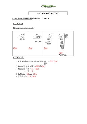 COURS DE VACANCES PRIMAIRE MATHS CORRIGE SUJET 1 CM