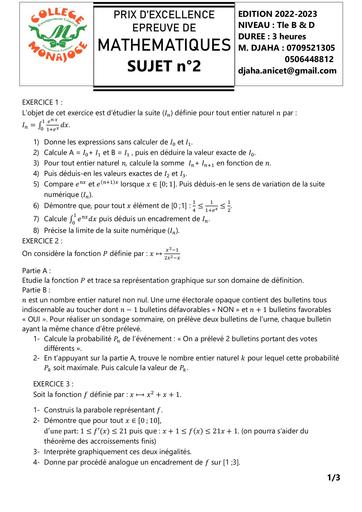 MATHS SUJET n2 PRIX D'EXCELLENCE MAI 2023 CMONAJOCE DJAHASHIKAN