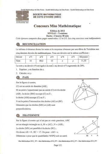 Miss Maths 2012 Niveau 3eme