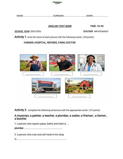 DEVOIR D'ANGLAIS NIVEAU 6ième TRIMESTRE 3 by TEHUA