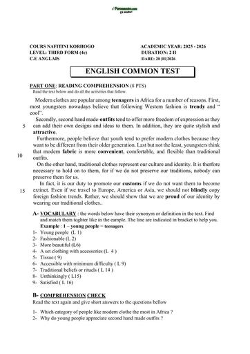 DEVOIR D'ANGLAIS NIVEAU 4ième JANUARY 2026 ON FASHION by TEHUA