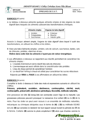 Sujet de SVT BEPC blanc 2020 - Collège Catholique Jeunes Filles Béoumi (DRENETFP BOUAKE 2)