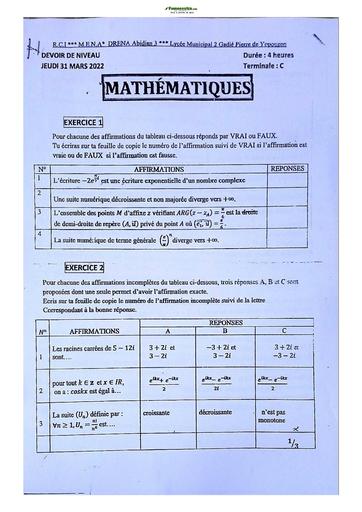 Sujets de Mathématique série C Lycée Classique d'Abidjan 2022-2023