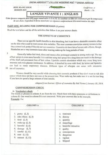 EXAMEN BLANC INTERNE ABOISSO NOE BEPC ANGLAIS 3ième BY TEHUA