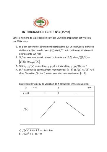 Interrogation de Maths N°3 niveau Tle D septembre by Tehua