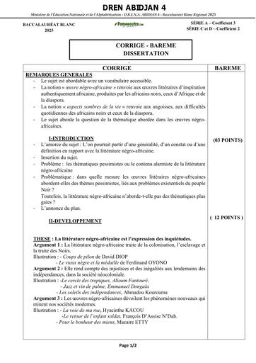 BAC blanc régional 2025 dren Abidjan 4 français DISSERTATION CORRIGE ET BAREME SERIE ACD by TEHUA