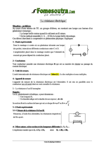 La résistance électrique - Physique 3eme