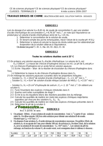 Sujet (4) Réaction acide-base - Solution tampon - dosages - Chimie Terminale C