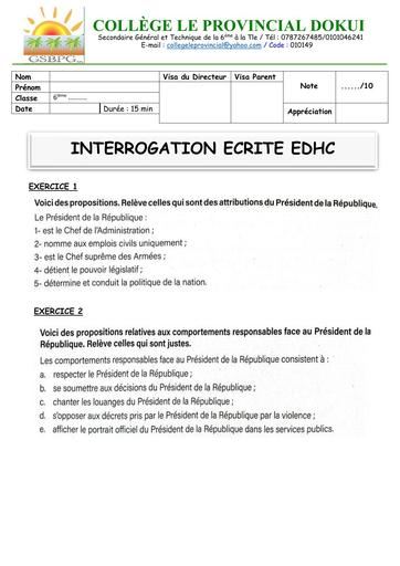 INTERRO EDHC 6ième PROVINCIAL
