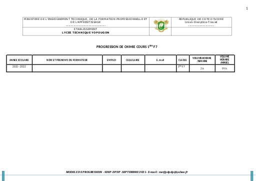 Progression Chimie cours 1ère F7