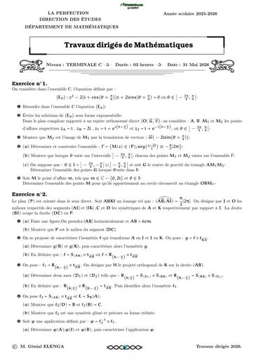 Dernier Travaux dirigés MATHS Tle C ( La perfection) by TEHUA