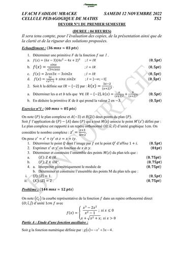 DEVOIR DE MATHS NIVEAU Tle S2 N°1 SEMESTRE 1  2026 BY TEHUA